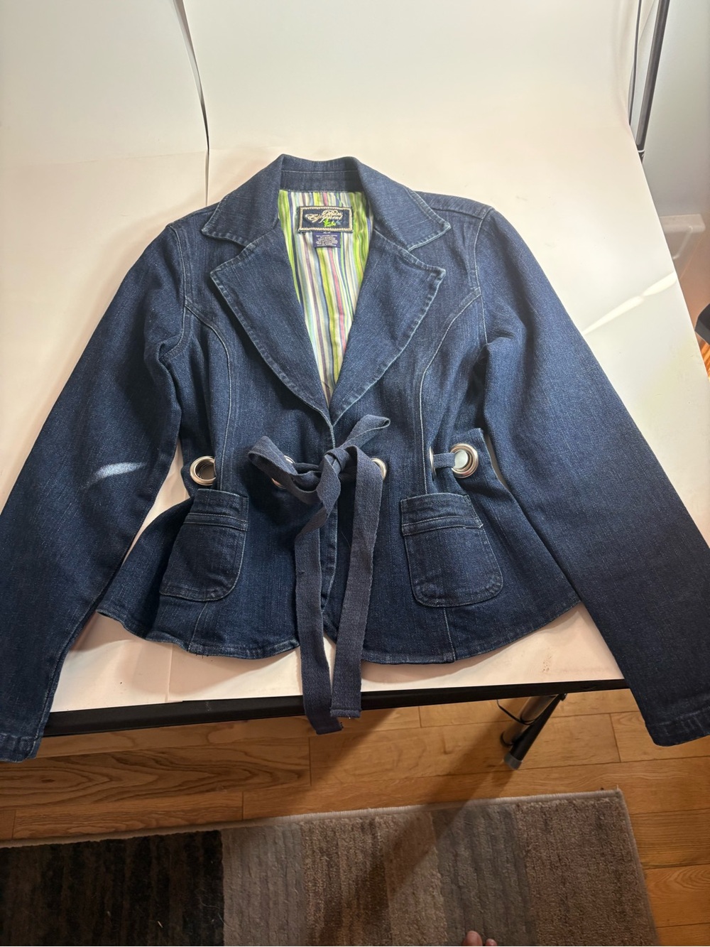 Vintage B.U.M Equipment Indigo Blue Denim Blazer Features A Grommet Tie Waist